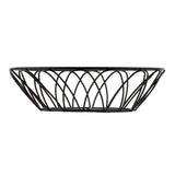 From the Petal Collection, this black wire serving basket features a shallow, round shape and an open crisscross design. Its modern, airy look by TableCraft stands out beautifully against the white background.