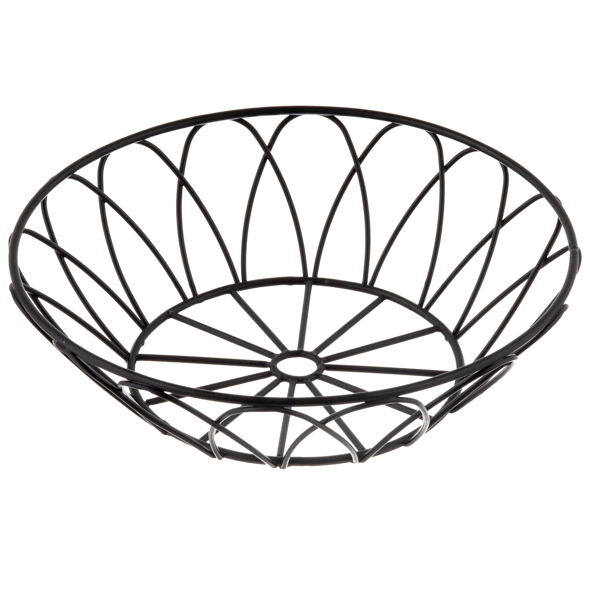 A round, empty wire serving basket from the Petal Collection. Black metal wires form a geometric, leaf-like pattern that radiates from a small circle at the base to a wide rim for airflow. Photographed on a white background.