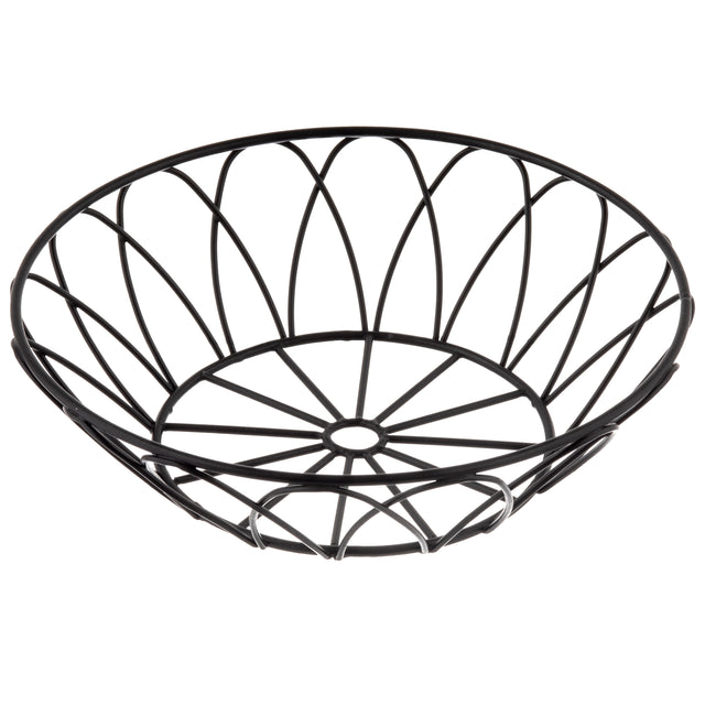 A round, empty wire serving basket from the Petal Collection. Black metal wires form a geometric, leaf-like pattern that radiates from a small circle at the base to a wide rim for airflow. Photographed on a white background.