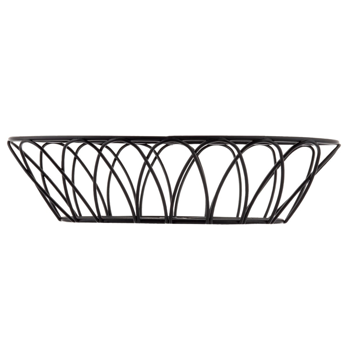 A black metal oval basket from the TableCraft Petal Collection, this serving basket features upward-curving sides in an arching pattern for a modern, airy look. Open wires at the base allow ventilation, making it stylish and functional on any white backdrop.
