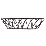 A black metal oval basket from the TableCraft Petal Collection, this serving basket features upward-curving sides in an arching pattern for a modern, airy look. Open wires at the base allow ventilation, making it stylish and functional on any white backdrop.