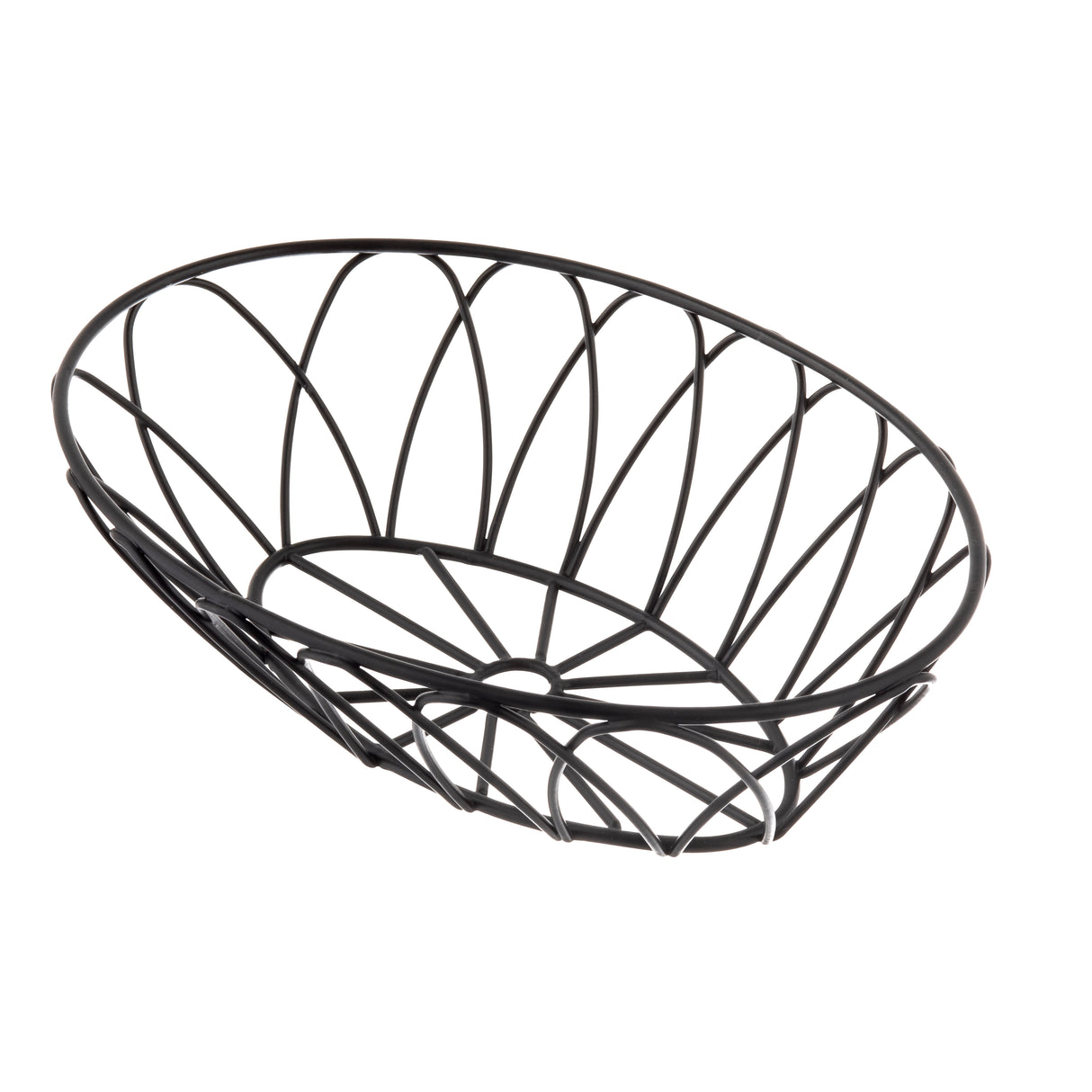 A black, oval-shaped metal serving basket from the TableCraft Petal Collection features an open, crisscross pattern forming curved diamond shapes. Set against a white background, this modern basket is empty and stylishly simple.