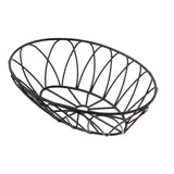 A black, oval-shaped metal serving basket from the TableCraft Petal Collection features an open, crisscross pattern forming curved diamond shapes. Set against a white background, this modern basket is empty and stylishly simple.