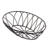 A black, oval-shaped metal serving basket from the TableCraft Petal Collection features an open, crisscross pattern forming curved diamond shapes. Set against a white background, this modern basket is empty and stylishly simple.
