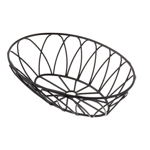 A black, oval-shaped metal serving basket from the TableCraft Petal Collection features an open, crisscross pattern forming curved diamond shapes. Set against a white background, this modern basket is empty and stylishly simple.