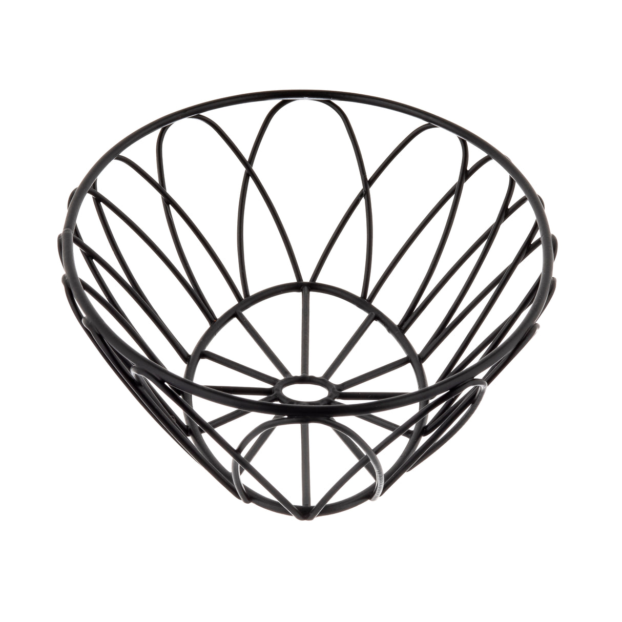 A black metal oval serving basket from the TableCraft Petal Collection, featuring an open, geometric design with curved wires forming a wide, bowl-like shape that resembles overlapping petals. The empty basket is photographed on a white background.