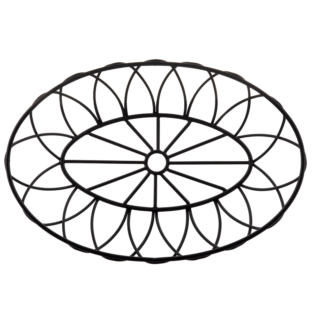 A black, oval-shaped metal trivet from the TableCraft Petal Collection features a geometric, symmetrical pattern with radiating petal-like shapes. Its flower-like design and open structure make it a stylish pairing with any metal oval basket.