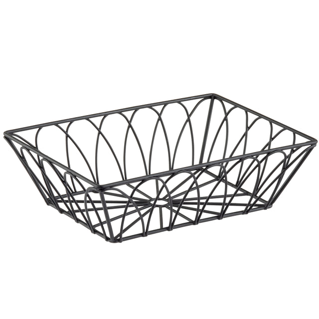 A rectangular, black metal wire serving basket from the Petal Collection features an open, geometric arch pattern on the sides and base. The airy TableCraft Products design is empty, set against a plain white background.