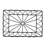 A rectangular black metal wire serving basket from the Petal Collection by TableCraft Products, featuring radiating lines from a central circle and petal-like shapes along the border for a minimalist, floral-inspired look.