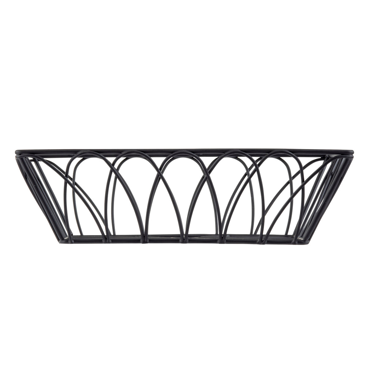 A black metal wire serving basket from the TableCraft Products Petal Collection, featuring a rectangular base, flared sides, and arching wires in a decorative open design. The background is plain white.