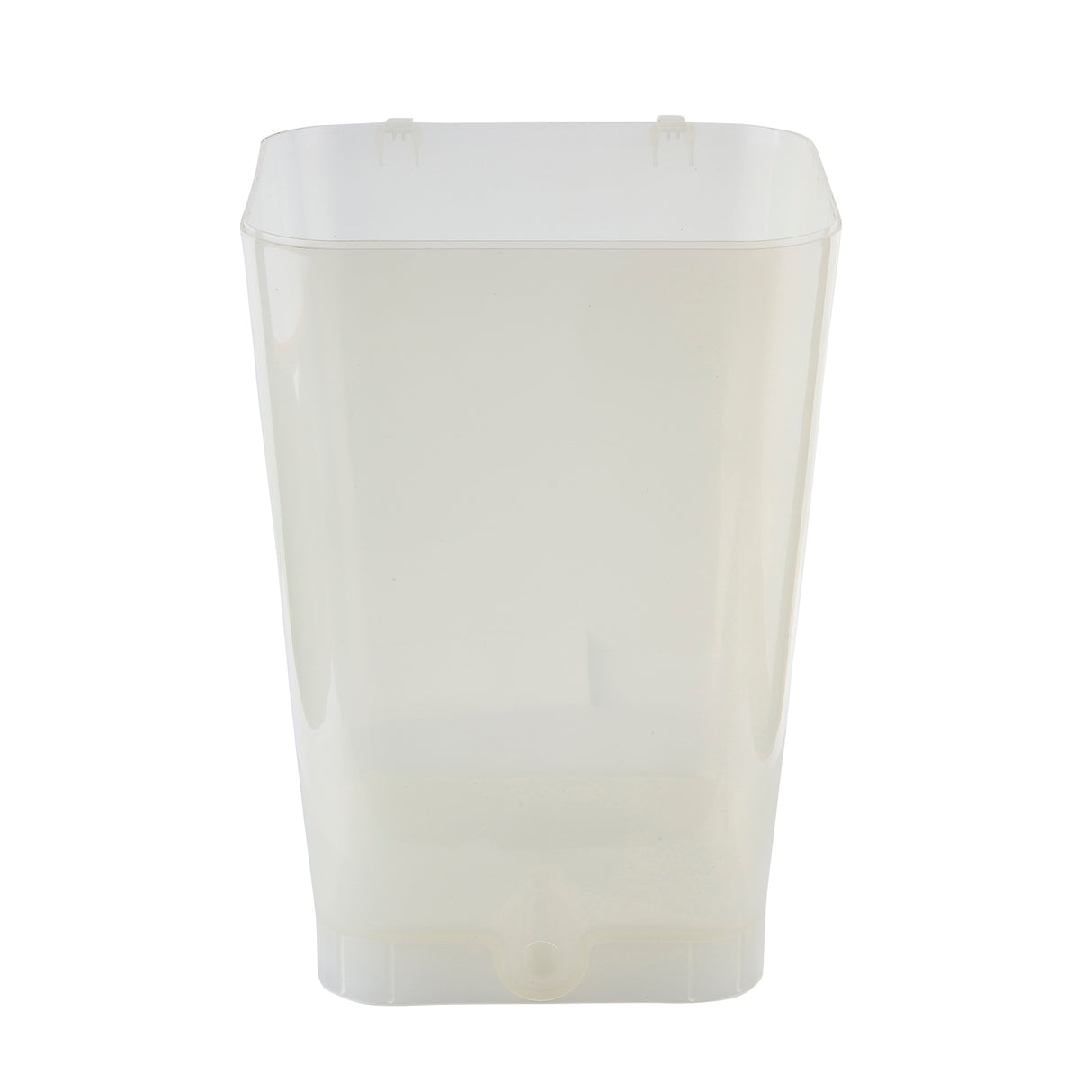 A translucent, rectangular plastic beverage dispenser with slightly rounded edges and a small spout at the bottom center. This 5 gallon replacement reservoir is empty and photographed against a plain white background.