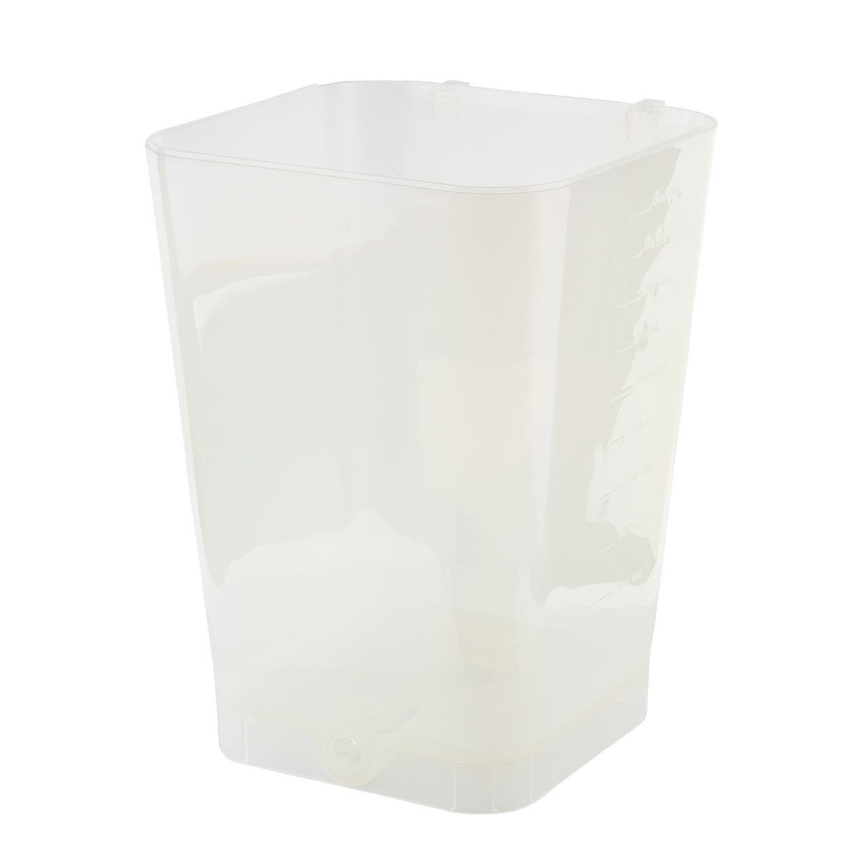 A translucent, rectangular plastic container with slightly rounded corners, this 5 gallon replacement reservoir features measurement markings on one side and a spout at the bottom edge for easy pouring—perfect for beverage dispensers.