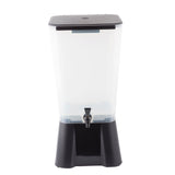 A clear, rectangular 5 gallon beverage dispenser with a black lid, spigot, and base. The empty NSF-certified container stands upright on a white background, ideal for dispensing drinks such as juice or water.