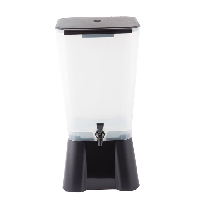 A clear, rectangular 5 gallon beverage dispenser with a black lid, spigot, and base. The empty NSF-certified container stands upright on a white background, ideal for dispensing drinks such as juice or water.