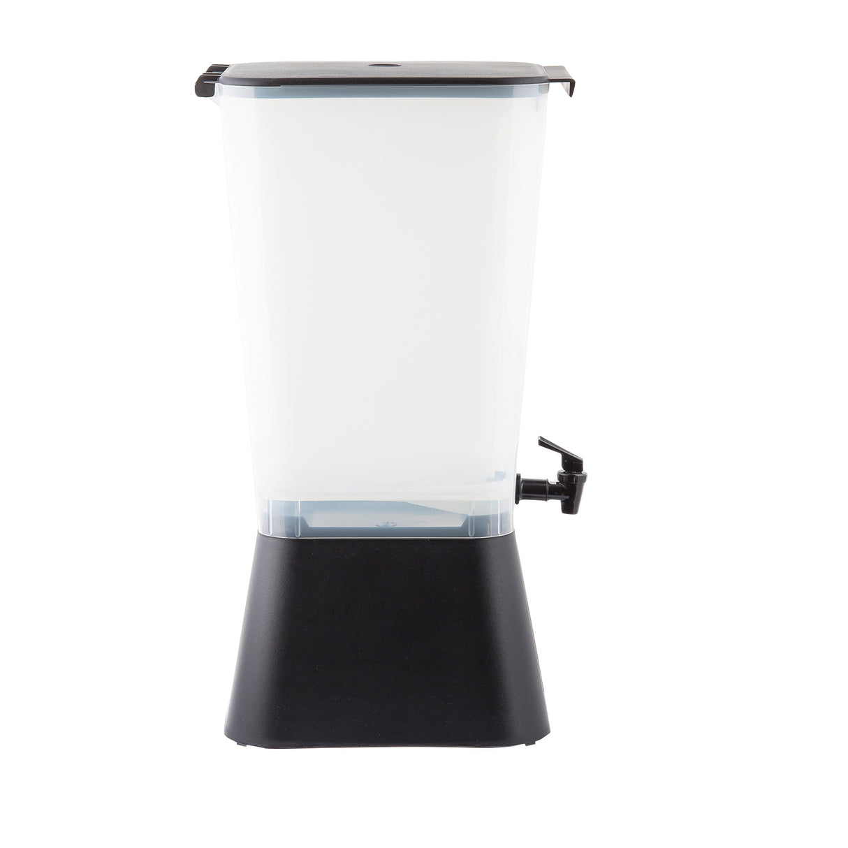 This NSF-certified beverage dispenser holds up to 5 gallons, featuring a clear plastic body with a black lid, base, and spigot. Its simple, modern design and straight edges make it both functional and stylish for serving drinks.