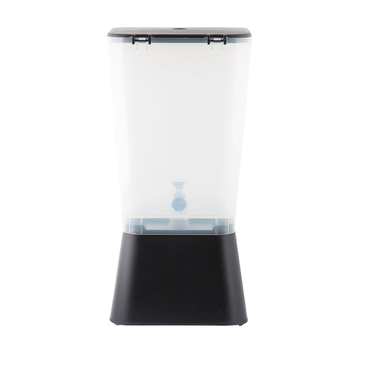 A modern, minimalist 5 gallon beverage dispenser with a black base and lid, shown against a white background. The clear rectangular design features an easy-access spigot at the bottom front, ideal for serving drinks. NSF certified for safe use.