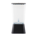 A modern, minimalist 5 gallon beverage dispenser with a black base and lid, shown against a white background. The clear rectangular design features an easy-access spigot at the bottom front, ideal for serving drinks. NSF certified for safe use.