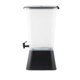 A tall, rectangular 5 gallon beverage dispenser with a black lid, black base, and a small black spigot on the front left side for pouring drinks. The translucent container is mostly empty and NSF certified for safe use.