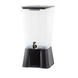 A tall, clear plastic beverage dispenser with a black lid and base boasts a 5 gallon capacity. Featuring a spigot near the bottom center for easy pouring, this NSF-approved container showcases a rectangular shape and simple, modern design.