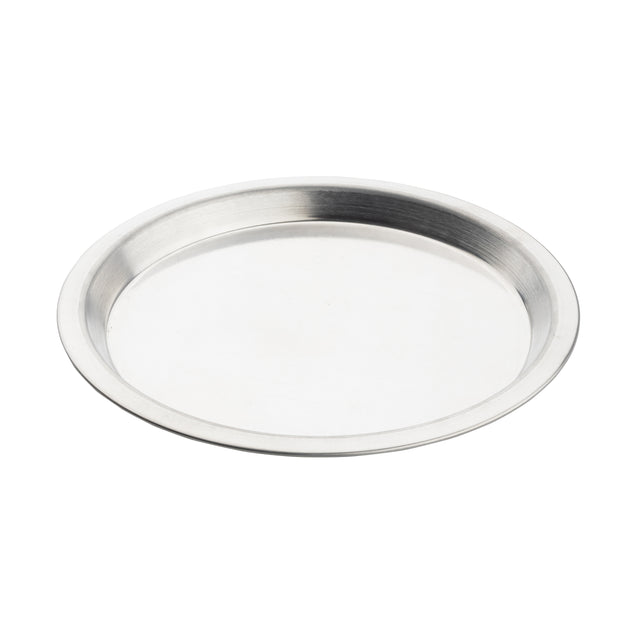 A round, flat 10-1/8 inch aluminum Pie Pan with a slightly raised outer rim is shown against a white background. The pan features a smooth, reflective surface and minimalistic design, ideal for serving or baking.