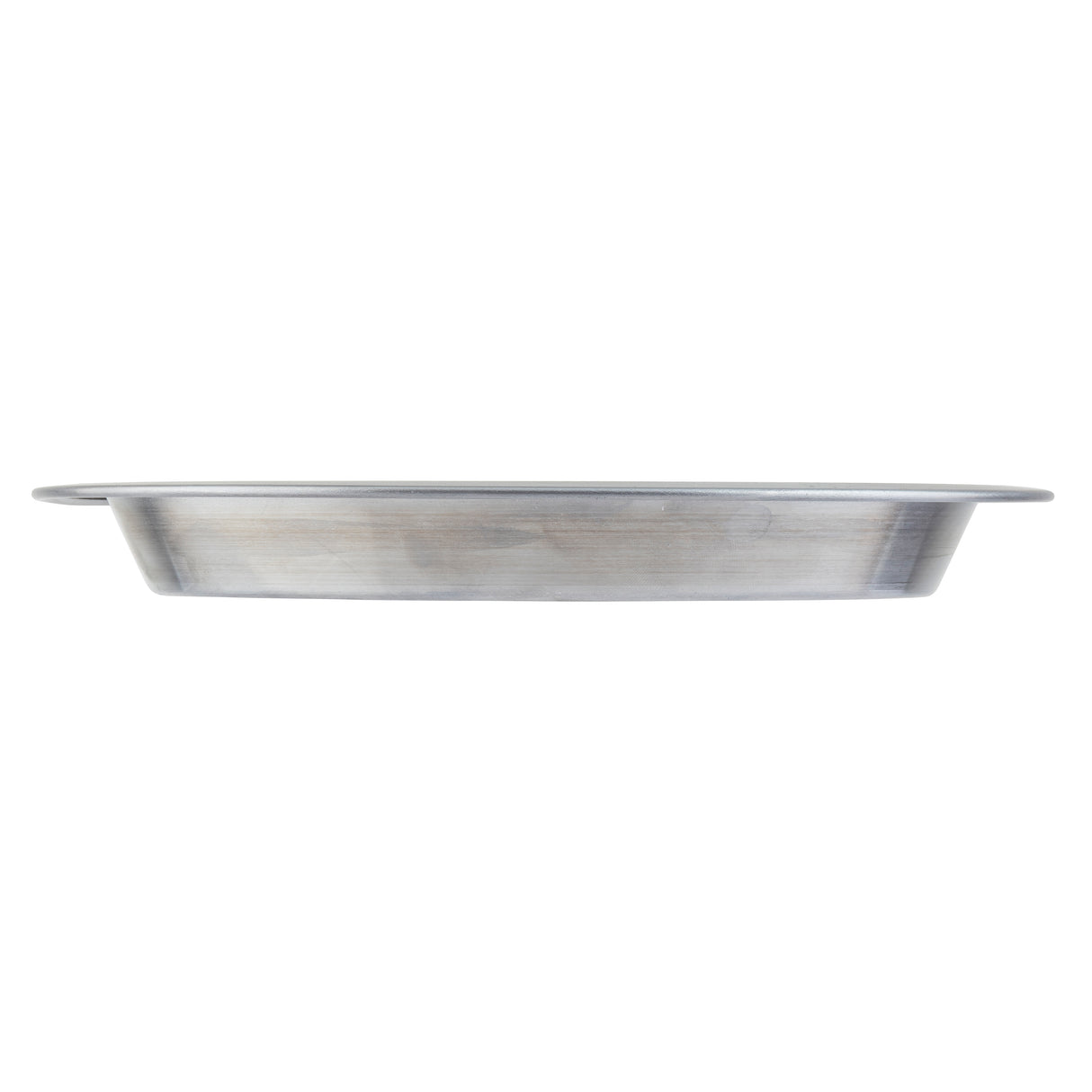 A side view of a round, shallow, aluminum Pie Pan with slightly sloped sides and a flat rim extending outward. Measuring 10-1/8 inch across, the smooth and reflective metal surface stands out against a plain white background.