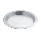 A simple, round, 10-1/8 inch aluminum Pie Pan with a smooth surface and slightly raised, sloping edges. The pan appears clean, made of shiny silver-colored metal, and sits on a plain white background.