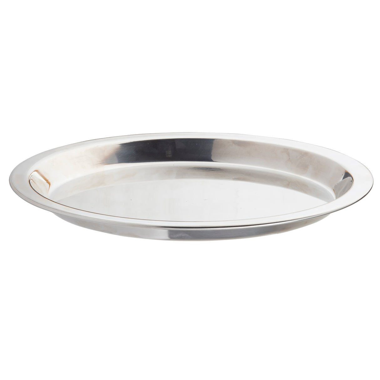 A round, shallow TableCraft pie pan with a shiny, reflective stainless steel surface and a slightly raised rim, viewed from a slight angle on a white background.