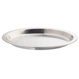 A round, shallow TableCraft pie pan with a shiny, reflective stainless steel surface and a slightly raised rim, viewed from a slight angle on a white background.