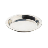 A round, shallow TableCraft stainless steel pie pan with a slightly raised rim is shown against a plain white background. The pan has a shiny, reflective surface and appears empty.
