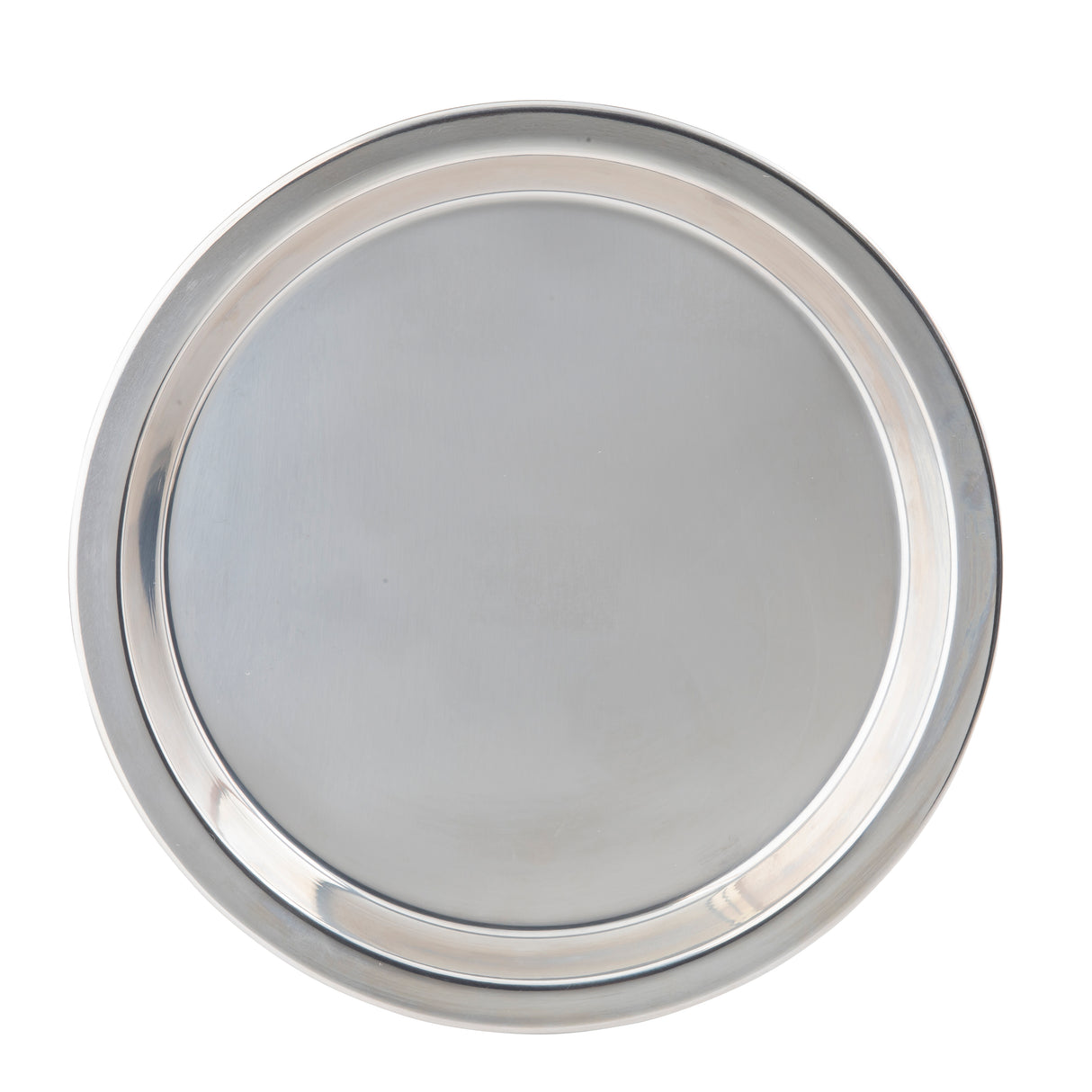 A round TableCraft stainless steel serving tray with a raised, shiny rim and smooth, reflective surface is shown from above on a white background. The empty tray features a simple, minimalist design reminiscent of a pie pan.