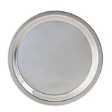 A round TableCraft stainless steel serving tray with a raised, shiny rim and smooth, reflective surface is shown from above on a white background. The empty tray features a simple, minimalist design reminiscent of a pie pan.