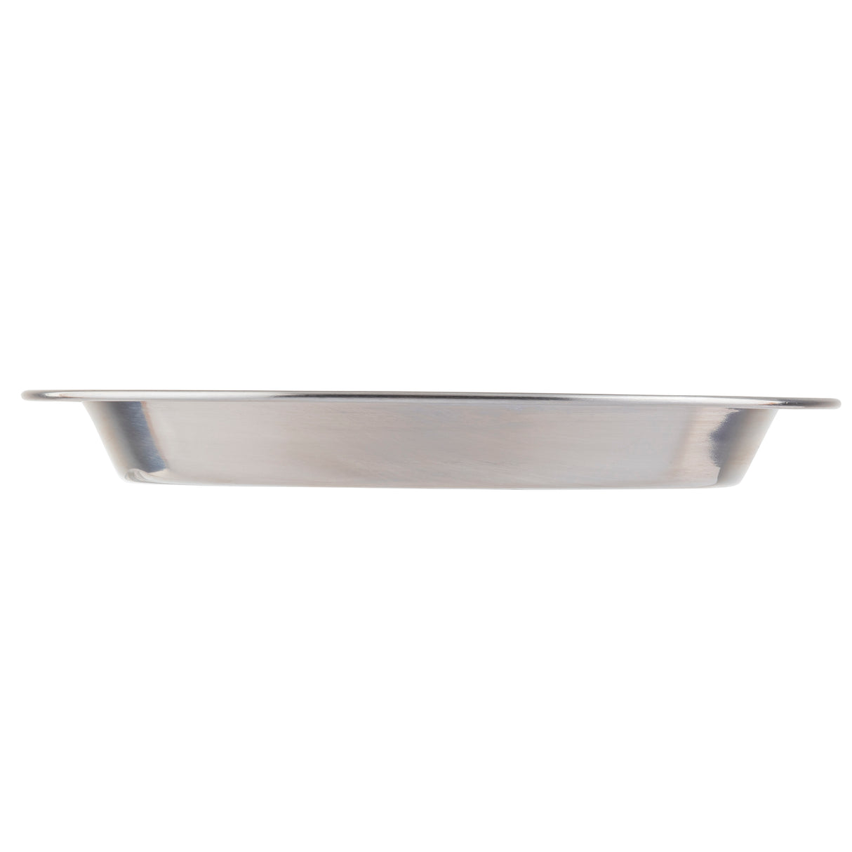 A stainless steel pie pan by TableCraft is shown from the side on a white background. The pan features a slightly sloped edge and a flat base, with a thin, even rim around the top.