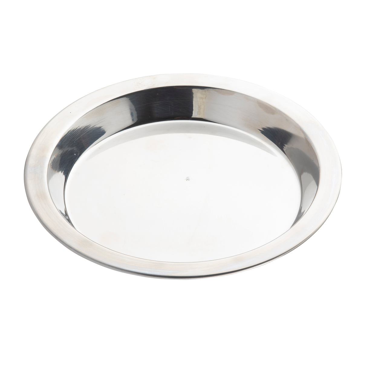 A shiny, round stainless steel pie pan with a slightly raised rim sits on a white background. The reflective surface shows subtle shadows and highlights, and its simple design suggests it is used for serving or baking pies.