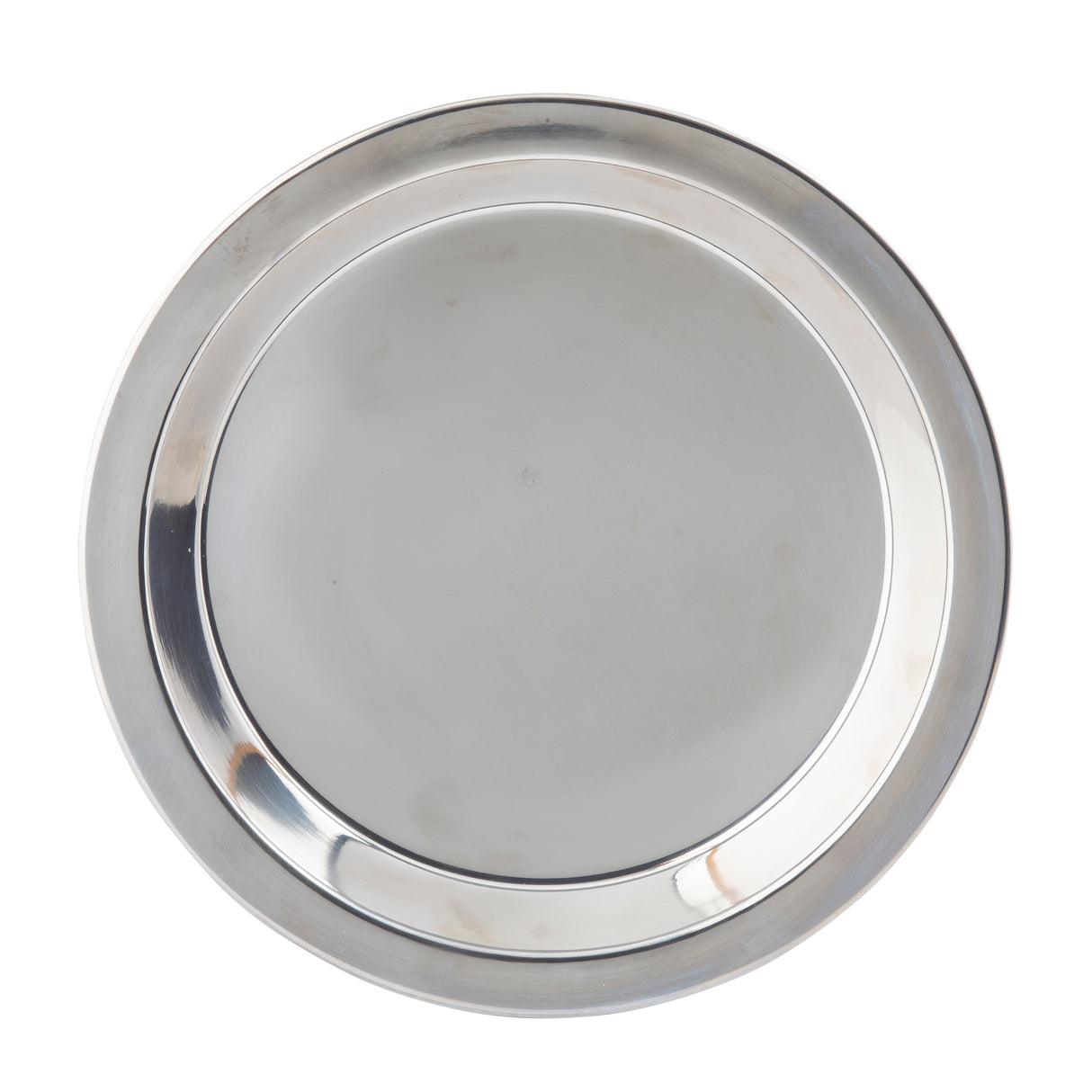 A round, shiny stainless steel pie pan by TableCraft is viewed from above on a white background. The plate has a wide, slightly raised rim and a flat central surface that reflects light, giving it a smooth, polished appearance. The plate is empty.