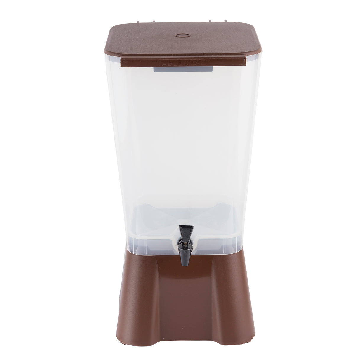 A large, clear 5-gallon beverage dispenser with a brown base and lid, featuring a black spigot at the bottom front for easy pouring. The container is empty, dishwasher safe, and has a simple rectangular design with slightly tapered sides.