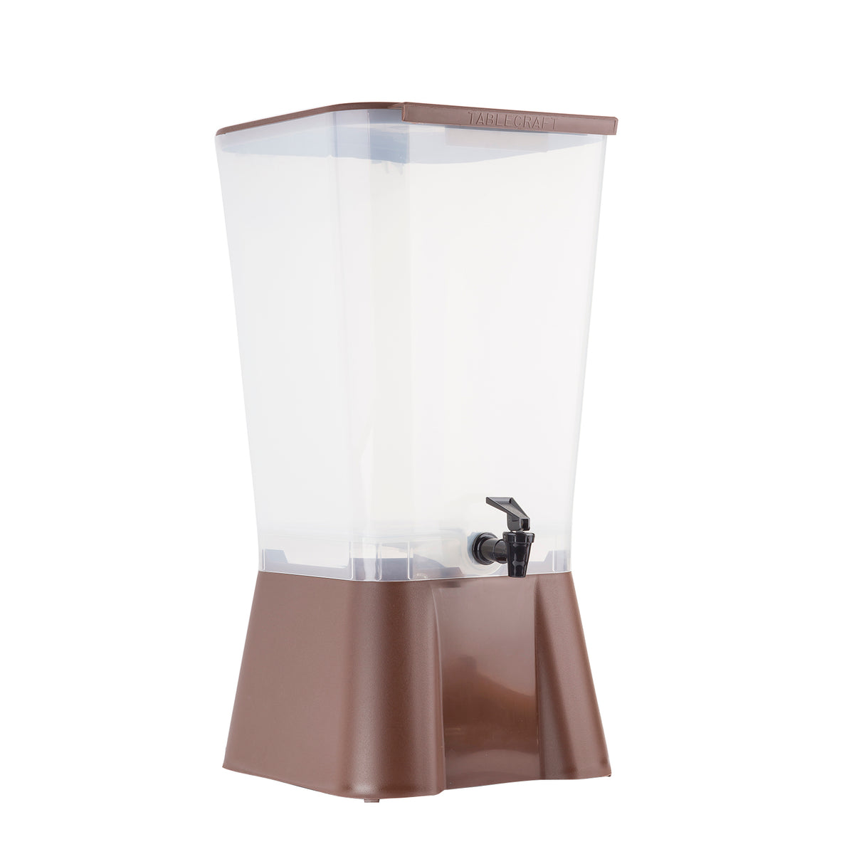 A large, clear, 5 gallon plastic beverage dispenser with a brown lid and base. It features a black spigot for easy pouring. Modern and functional, it's dishwasher safe and perfect for serving cold drinks at gatherings or events.