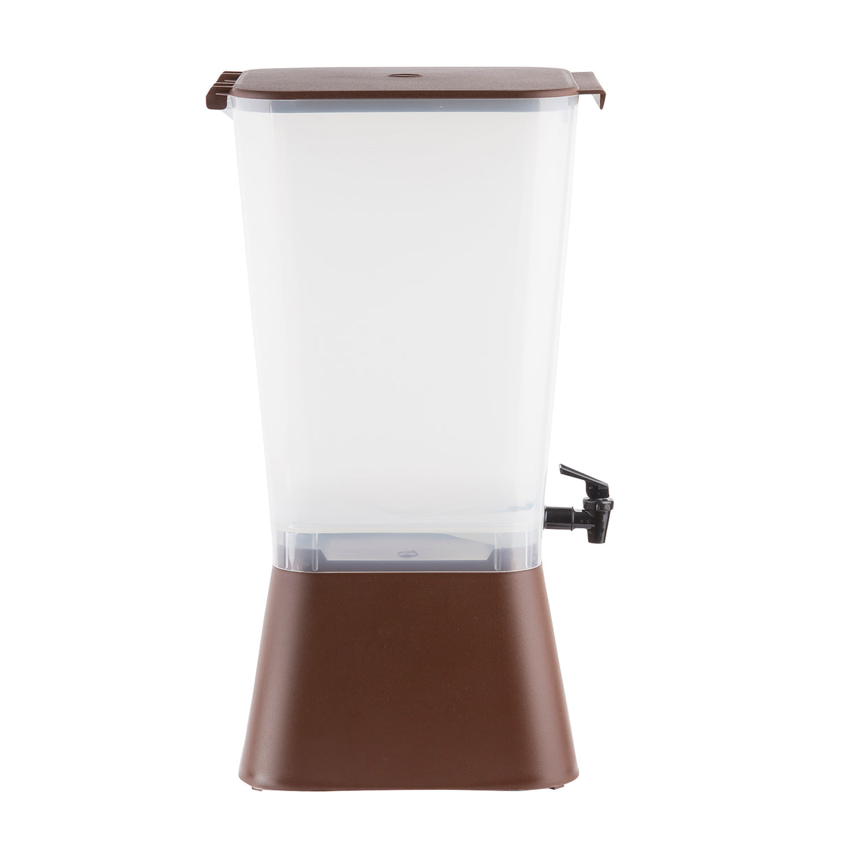 This 5 gallon beverage dispenser features a clear, rectangular plastic body with a brown base and matching lid. It stands upright against a white background and includes a small black spigot for easy pouring. Dishwasher safe for convenient cleaning.