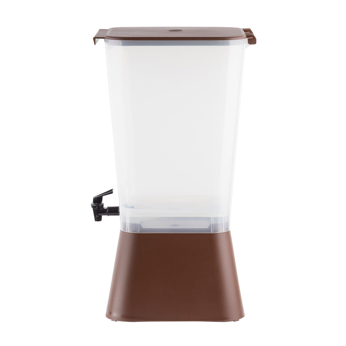 A clear, rectangular 5 gallon beverage dispenser with a brown base and lid. It features a black plastic spigot on the left front side for pouring drinks. The container is empty and stands upright against a plain white background.
