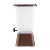 A clear, rectangular 5 gallon beverage dispenser with a brown base and lid. It features a black plastic spigot on the left front side for pouring drinks. The container is empty and stands upright against a plain white background.