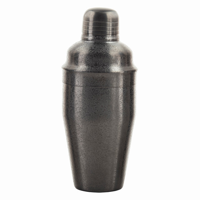 A dark, metallic 18 oz cocktail shaker with a textured, slightly mottled stainless steel surface. The shaker has a rounded top with horizontal grooves near the lid and tapers slightly at the bottom, standing upright against a plain white background.