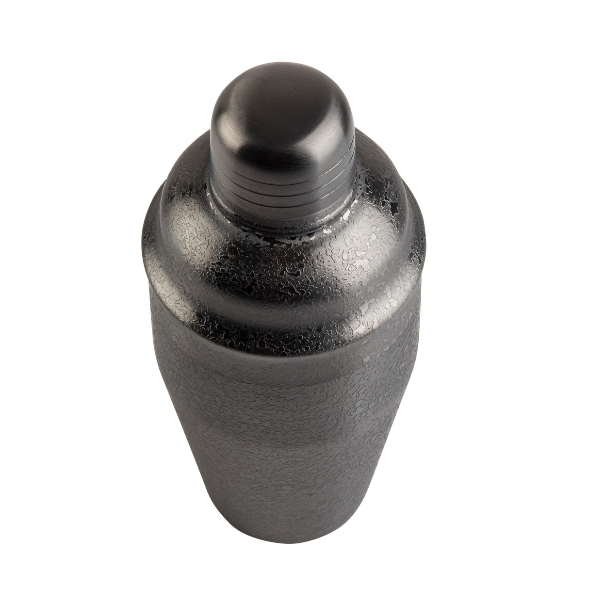 A metallic 18 oz cocktail shaker with a textured, frosted finish is shown upright against a white background. Crafted from stainless steel, it features a rounded cap and tapered body for a sleek, modern appearance.