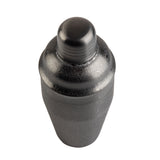 A metallic 18 oz cocktail shaker with a textured, frosted finish is shown upright against a white background. Crafted from stainless steel, it features a rounded cap and tapered body for a sleek, modern appearance.