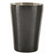 A tall, cylindrical, stainless steel vase with a slightly tapered base. The dark, hammered finish gives it a modern, industrial look reminiscent of a cocktail shaker, while the smooth metallic interior contrasts beautifully with the textured exterior.