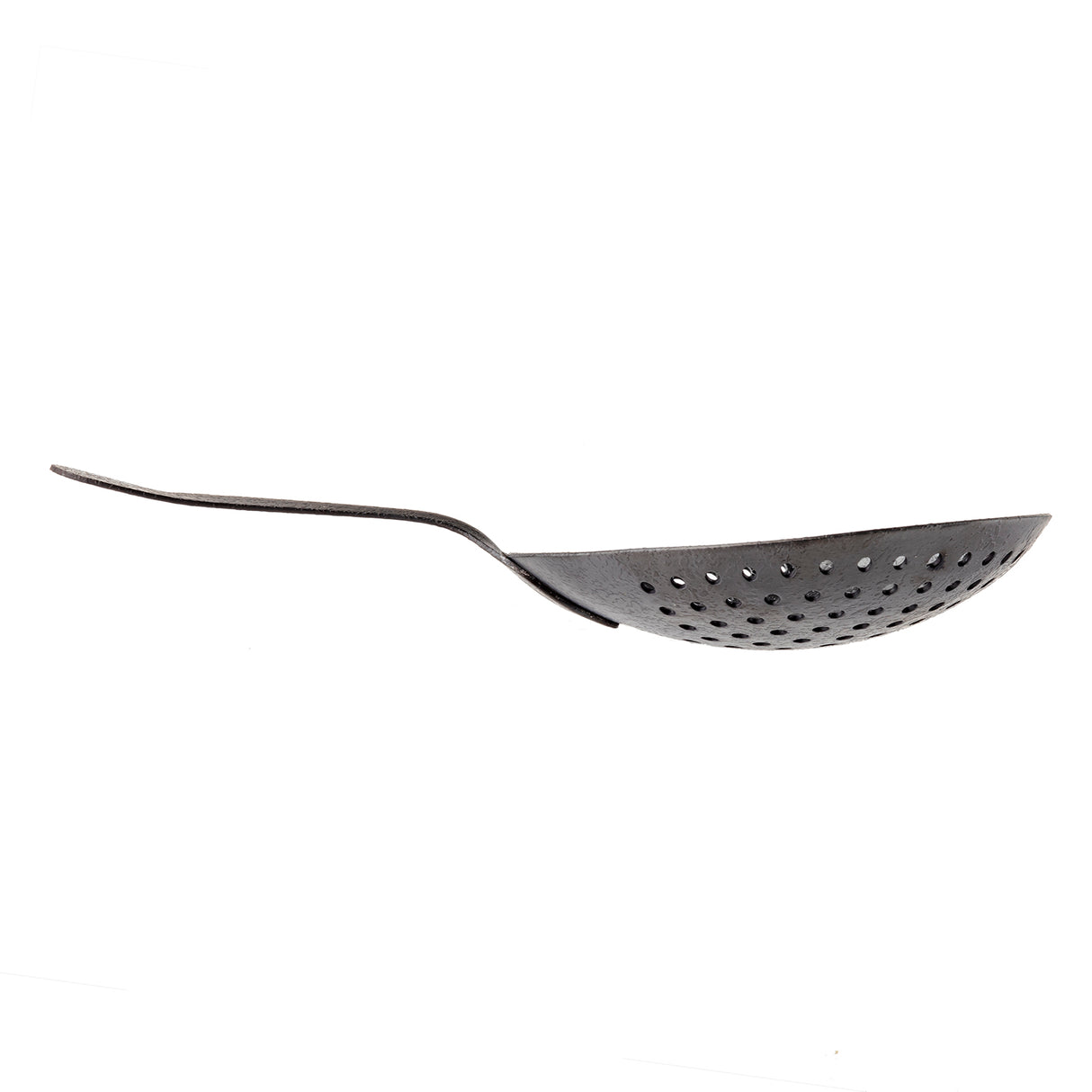 A black metal skimmer spoon with a shallow, round, perforated bowl and a long, slightly curved handle features a sleek black acid etch finish. Its simple, utilitarian design is perfect for straining liquids from food. Photographed on a white background.