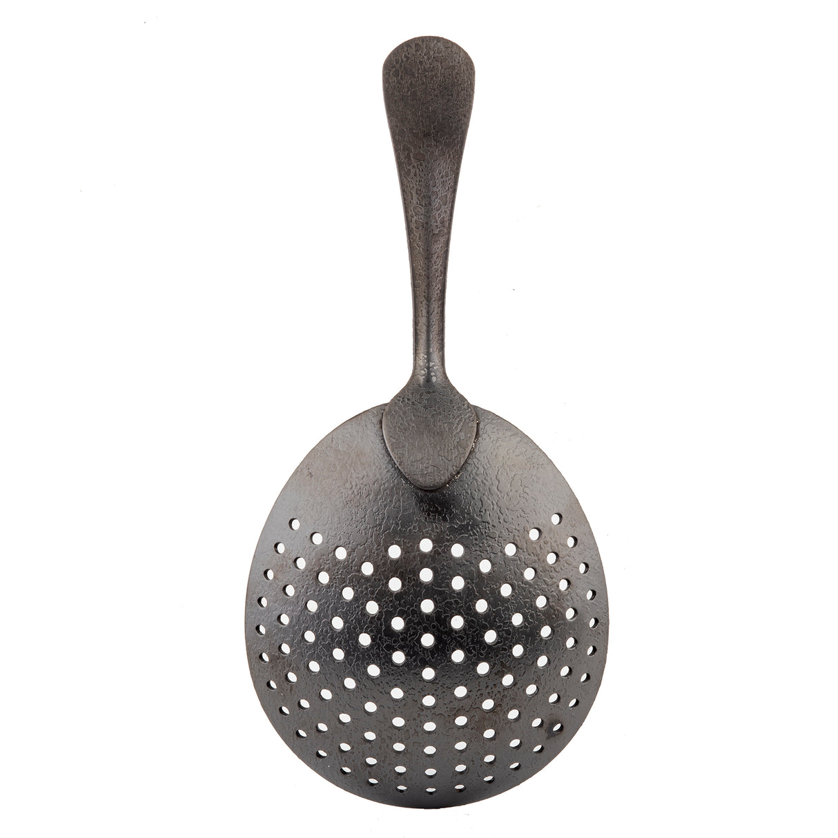 A vintage stainless steel slotted spoon with a wide, slightly oval bowl featuring multiple round holes for draining and a textured, curved handle that tapers at the end. The metal has a dark, matte black acid etch finish. Shown on a white background.