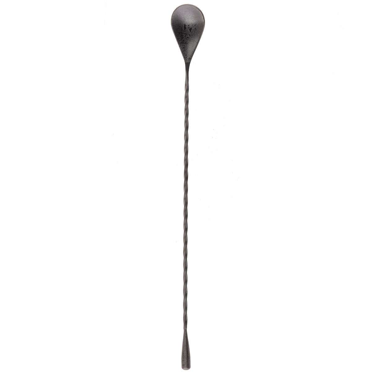 A long, slender bar spoon with a twisted handle, crafted from stainless steel in a striking black acid etch finish. It features a teardrop-shaped bowl and flat muddler tip, set against a plain white background.