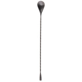 A long, slender bar spoon with a twisted handle, crafted from stainless steel in a striking black acid etch finish. It features a teardrop-shaped bowl and flat muddler tip, set against a plain white background.