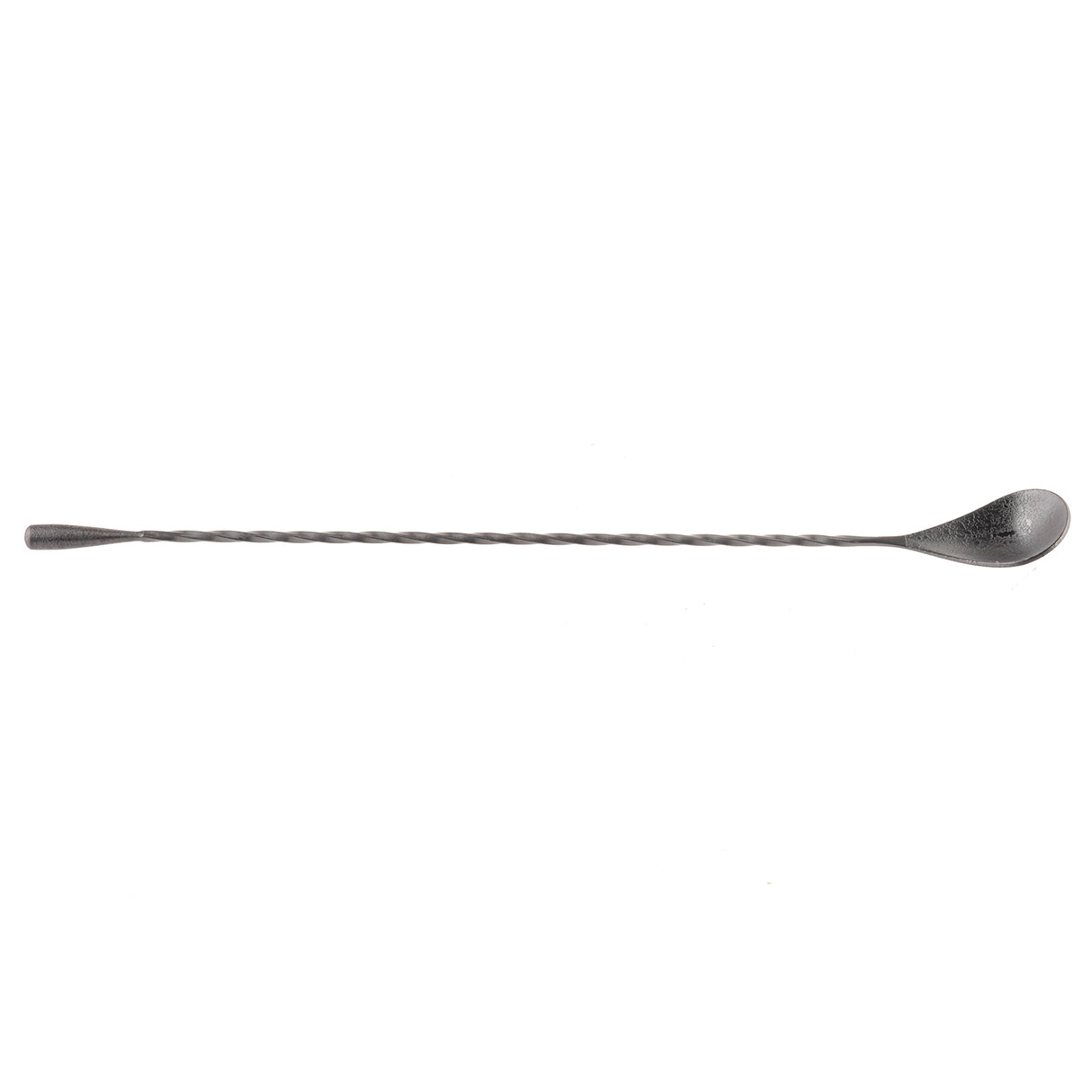A long, stainless steel bar spoon with a twisted handle. One end features a small, oval-shaped spoon, while the other is flat and slightly wider. The sleek black acid etch finish stands out against the plain white background.