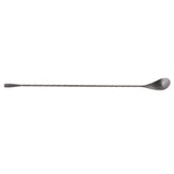 A long, stainless steel bar spoon with a twisted handle. One end features a small, oval-shaped spoon, while the other is flat and slightly wider. The sleek black acid etch finish stands out against the plain white background.