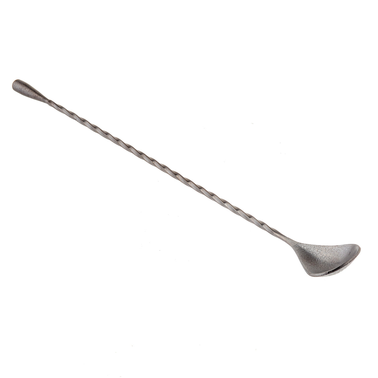 A long, stainless steel bar spoon with a twisted handle. One end has a small, rounded spoon, while the other features a flat disc. The bar spoon rests diagonally on a white background, showcasing its sleek black acid etch finish.